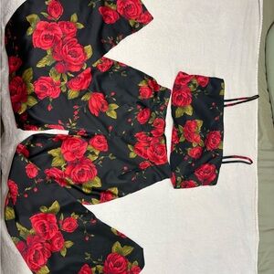 Victoria's Secret Black Satin Cami & Pants with Red Rose Print. Limited Edition!